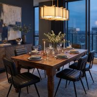 Copper Dining Table: Some lifestyle images are created with AI for visualization purposes. Crafted from natural solid wood, each piece is unique and will vary.