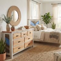 Coastal Dresser: Some lifestyle images are created with AI for visualization purposes. Crafted from natural solid wood, each piece is unique and will vary.