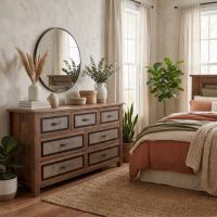 Rustic Barnwood Dresser: Some lifestyle images are created with AI for visualization purposes. Crafted from natural solid wood, each piece is unique and will vary.