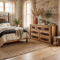 Rustic 7 Drawer Dresser: Some lifestyle images are created with AI for visualization purposes. Crafted from natural solid wood, each piece is unique and will vary.