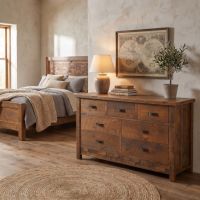 Rustic 7 Drawer Dresser: Some lifestyle images are created with AI for visualization purposes. Crafted from natural solid wood, each piece is unique and will vary.