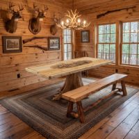 Rustic Log Dining Room: Some lifestyle images are created with AI for visualization purposes. Crafted from natural solid wood, each piece is unique and will vary.