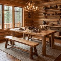 Rustic Log Dining Room: Some lifestyle images are created with AI for visualization purposes. Crafted from natural solid wood, each piece is unique and will vary.