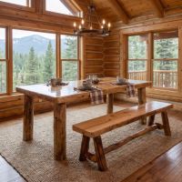 Rustic Log Dining Room: Some lifestyle images are created with AI for visualization purposes. Crafted from natural solid wood, each piece is unique and will vary.