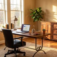 Modern Copper Desk: Some lifestyle images are created with AI for visualization purposes. Crafted from natural solid wood, each piece is unique and will vary.