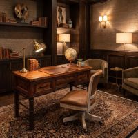 Reclaimed Copper Desk: Some lifestyle images are created with AI for visualization purposes. Crafted from natural solid wood, each piece is unique and will vary.