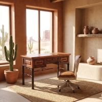 Copper Desk: Some lifestyle images are created with AI for visualization purposes. Crafted from natural solid wood, each piece is unique and will vary.