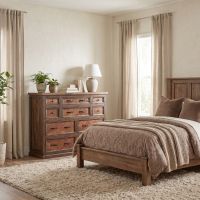 Rustic Copper Dresser: Some lifestyle images are created with AI for visualization purposes. Crafted from natural solid wood, each piece is unique and will vary.