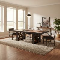Rustic Dining Table: Some lifestyle images are created with AI for visualization purposes. Crafted from natural solid wood, each piece is unique and will vary.