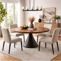 Round Copper Dining Table: Some lifestyle images are created with AI for visualization purposes. Crafted from natural solid wood, each piece is unique and will vary.