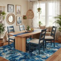 River Edge Dining Table: Some lifestyle images are created with AI for visualization purposes. Crafted from natural solid wood, each piece is unique and will vary.