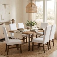 Modern Dining Table: Some lifestyle images are created with AI for visualization purposes. Crafted from natural solid wood, each piece is unique and will vary.