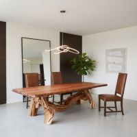 Log Dining Table: Some lifestyle images are created with AI for visualization purposes. Crafted from natural solid wood, each piece is unique and will vary.
