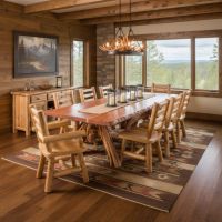 Rustic Log Dining Table: Some lifestyle images are created with AI for visualization purposes. Crafted from natural solid wood, each piece is unique and will vary.