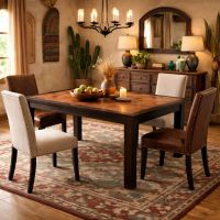 Southwestern Copper Dining Table: Some lifestyle images are created with AI for visualization purposes. Crafted from natural solid wood, each piece is unique and will vary.