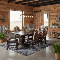 Rustic Alder Dining Table: Some lifestyle images are created with AI for visualization purposes. Crafted from natural solid wood, each piece is unique and will vary.