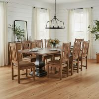 Tuscan Base Dining Table: Some lifestyle images are created with AI for visualization purposes. Crafted from natural solid wood, each piece is unique and will vary.