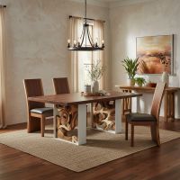 Transitional Dining Table: Some lifestyle images are created with AI for visualization purposes. Crafted from natural solid wood, each piece is unique and will vary.