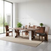 Modern Farmhouse Dining Table: Some lifestyle images are created with AI for visualization purposes. Crafted from natural solid wood, each piece is unique and will vary.