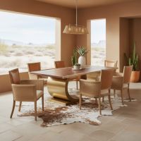 Modern Rustic Dining Table: Some lifestyle images are created with AI for visualization purposes. Crafted from natural solid wood, each piece is unique and will vary.