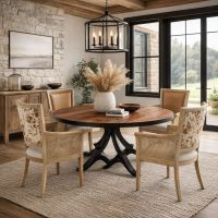 Rustic Round Dining Table: Some lifestyle images are created with AI for visualization purposes. Crafted from natural solid wood, each piece is unique and will vary.