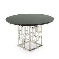 CUSTOM FINISH - Geometric Round Natural Wood Dining Table - Reverse Chamfer Edge Smooth Alder Table Top - CUSTOM Ebony Table Top Finish - Silver Steel Table Base