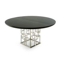 CUSTOM FINISH - Geometric Round Natural Wood Dining Table - Reverse Chamfer Edge Smooth Alder Table Top - CUSTOM Ebony Table Top Finish - Silver Steel Table Base