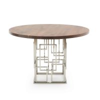 Geometric Round Natural Wood Dining Table - Flat Edge Black Walnut Table Top - Natural Clear Table Top Finish - Silver Steel Table Base