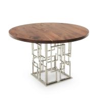 Geometric Round Natural Wood Dining Table - Flat Edge Black Walnut Table Top - Natural Clear Table Top Finish - Silver Steel Table Base