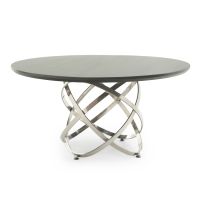 CUSTOM FINISH - Contemporary Wood Atom Base Dining Table - Chamfer Edge Smooth Alder Table Top - CUSTOM Ebony Table Top Finish - Silver Steel Table Base