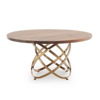 Contemporary Wood Atom Base Dining Table - Flat Edge Black Walnut Table Top - Natural Clear Table Top Finish - Gold Steel Table Base