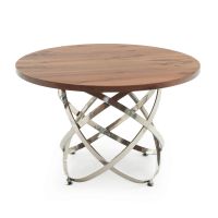 Contemporary Wood Atom Base Dining Table - Flat Edge Black Walnut Table Top - Natural Clear Table Top Finish - Silver Steel Table Base