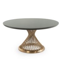CUSTOM FINISH - Modern Twisted Spoke Hardwood Dining Table - Chamfer Edge Black Walnut Table Top - CUSTOM Ebony Table Top Finish - Gold Steel Table Base