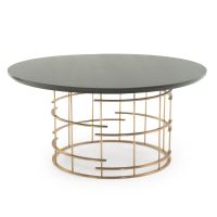 CUSTOM FINISH - Contemporary Round Cage Dining Table - Chamfer Edge Smooth Alder Table Top - CUSTOM Ebony Table Top Finish - Gold Steel Table Base