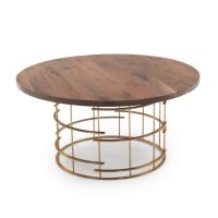 Contemporary Round Cage Dining Table - Flat Edge Black Walnut Table Top - Natural Clear Table Top Finish - Gold Steel Table Base