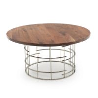 Contemporary Round Cage Dining Table - Flat Edge Black Walnut Table Top - Natural Clear Table Top Finish - Silver Steel Table Base