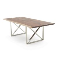 Metal X Hardwood Dining Table - Live Edge Black Walnut Table Top - Natural Clear Table Top Finish - Silver Steel Table Base