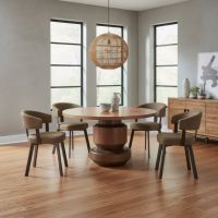 Round Solstice Dining Table: Some lifestyle images are created with AI for visualization purposes. Crafted from natural solid wood, each piece is unique and will vary.