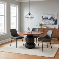 Copper Round Dining Table: Some lifestyle images are created with AI for visualization purposes. Crafted from natural solid wood, each piece is unique and will vary.
