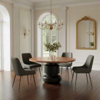 Modern Copper Round Dining Table: Some lifestyle images are created with AI for visualization purposes. Crafted from natural solid wood, each piece is unique and will vary.
