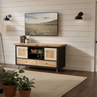 Mountain Modern Renaissance Entertainment Center in Stylish Living Room: Some lifestyle images are created with AI for visualization purposes. Crafted from natural solid wood, each piece is unique and will vary.