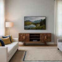 Rustic Entertainment Center: Some lifestyle images are created with AI for visualization purposes. Crafted from natural solid wood, each piece is unique and will vary.