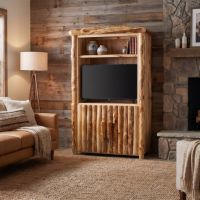 Rustic Entertainment Center: Some lifestyle images are created with AI for visualization purposes. Crafted from natural solid wood, each piece is unique and will vary.