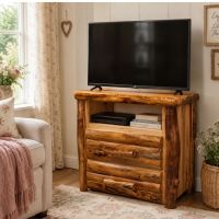 Rustic TV Stand: Some lifestyle images are created with AI for visualization purposes. Crafted from natural solid wood, each piece is unique and will vary.