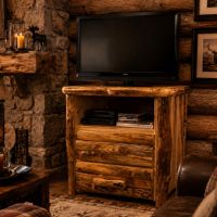 Rustic TV Stand: Some lifestyle images are created with AI for visualization purposes. Crafted from natural solid wood, each piece is unique and will vary.