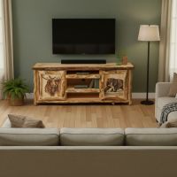 Rustic Entertainment Center: Some lifestyle images are created with AI for visualization purposes. Crafted from natural solid wood, each piece is unique and will vary.