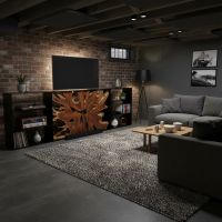 Modern Teak TV Stand: Some lifestyle images are created with AI for visualization purposes. Crafted from natural solid wood, each piece is unique and will vary.