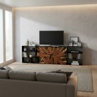 Wood and Metal Entertainment Center: Some lifestyle images are created with AI for visualization purposes. Crafted from natural solid wood, each piece is unique and will vary.