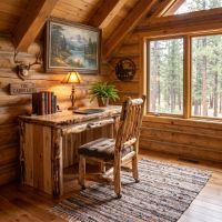 Rustic Log Desk: Some lifestyle images are created with AI for visualization purposes. Crafted from natural solid wood, each piece is unique and will vary.