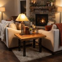 Barn Wood End Table: Some lifestyle images are created with AI for visualization purposes. Crafted from natural solid wood, each piece is unique and will vary.